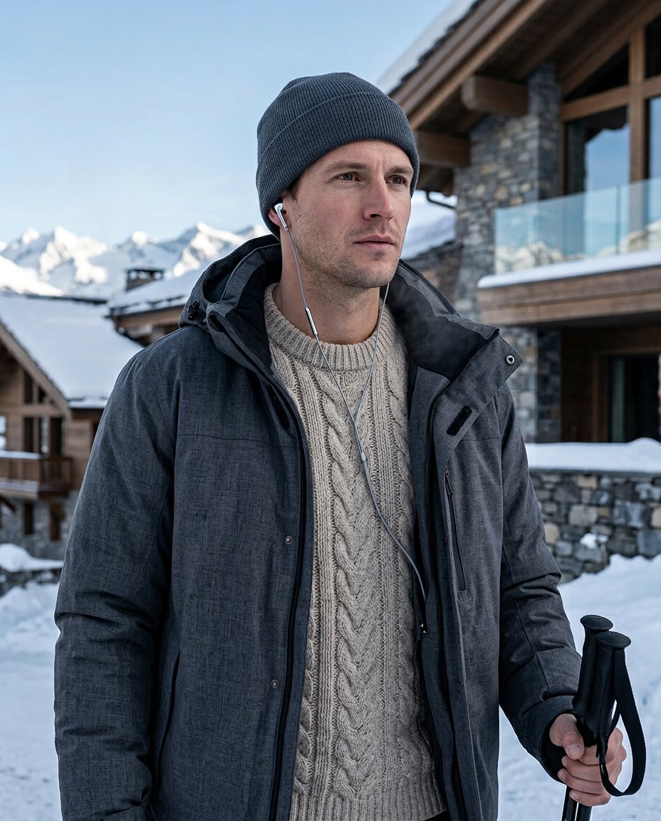 Chrome wired earbuds in a premium winter setting
