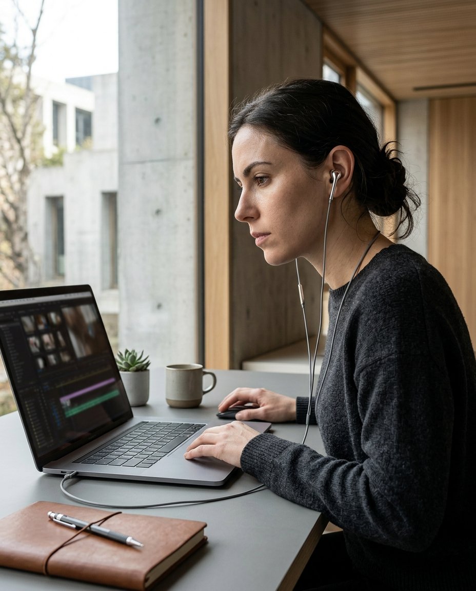 Chrome wired earbuds used at a creative workspace
