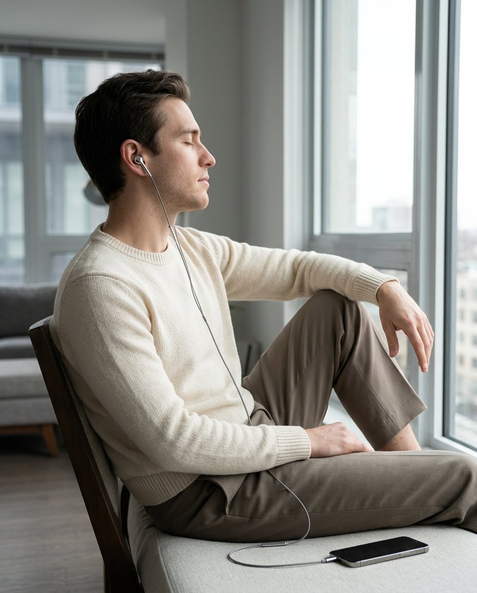 Chrome wired earbuds in a relaxed personal listening moment