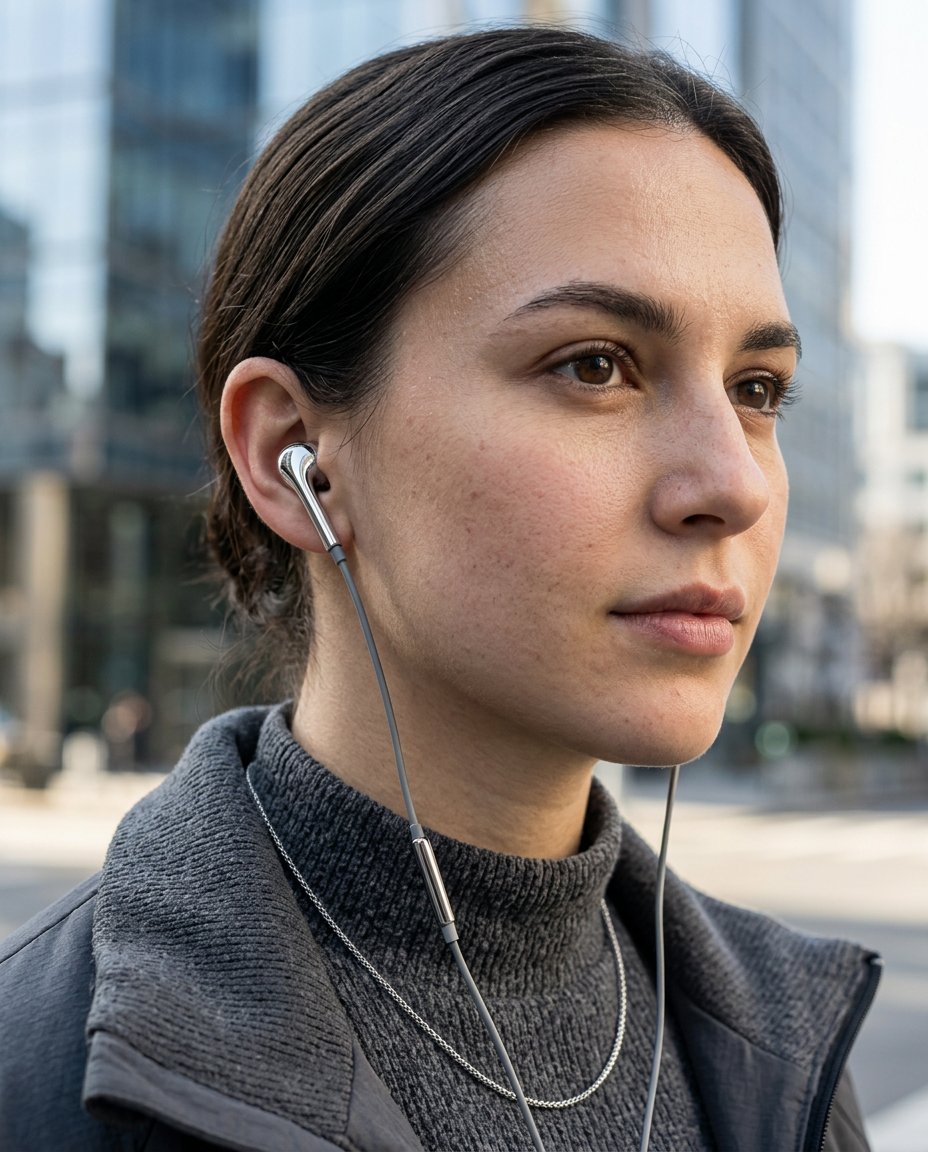 Close-up view of chrome wired earbuds worn as a fashion accessory