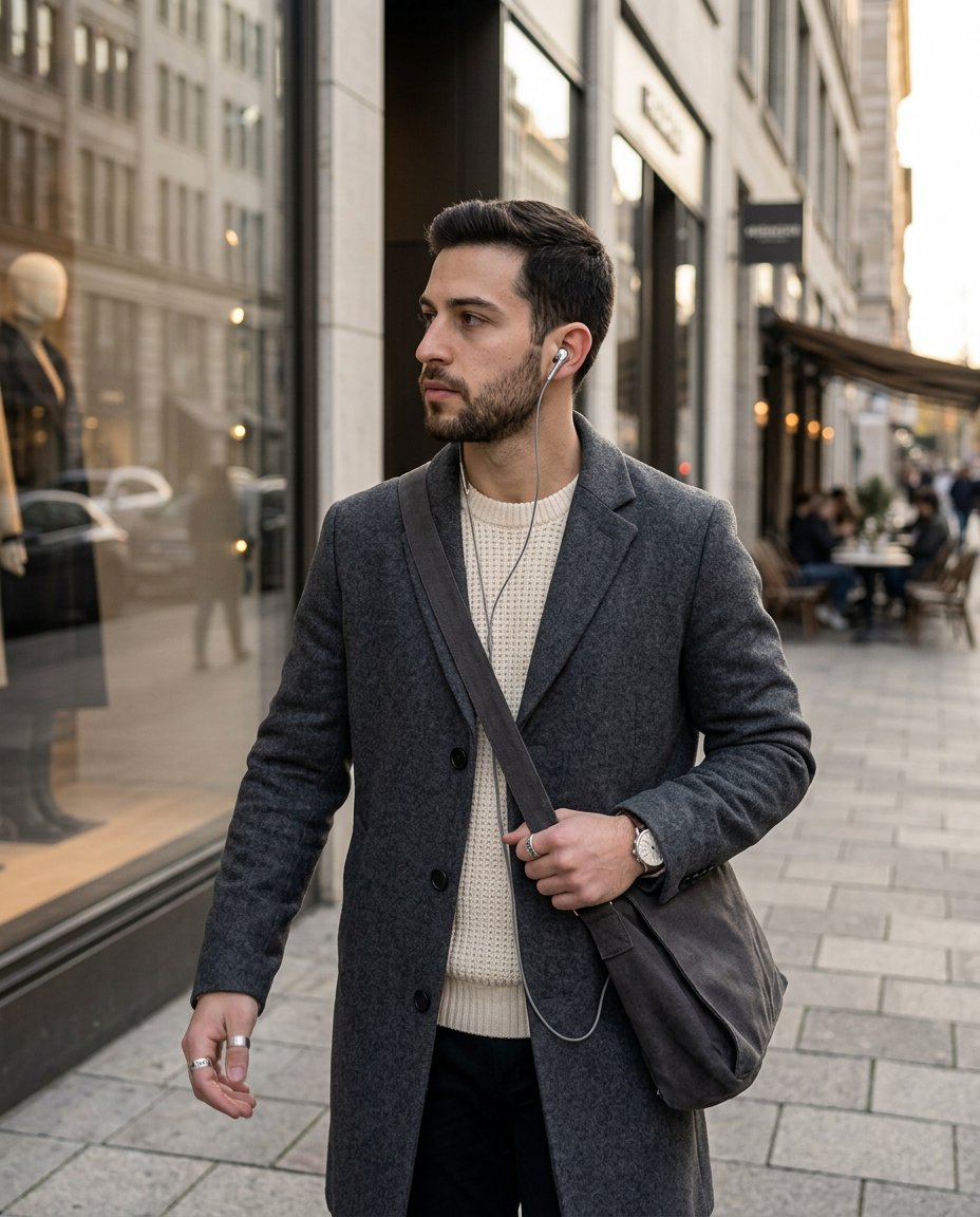 Person wearing silver LUMEAR wired earbuds in the city