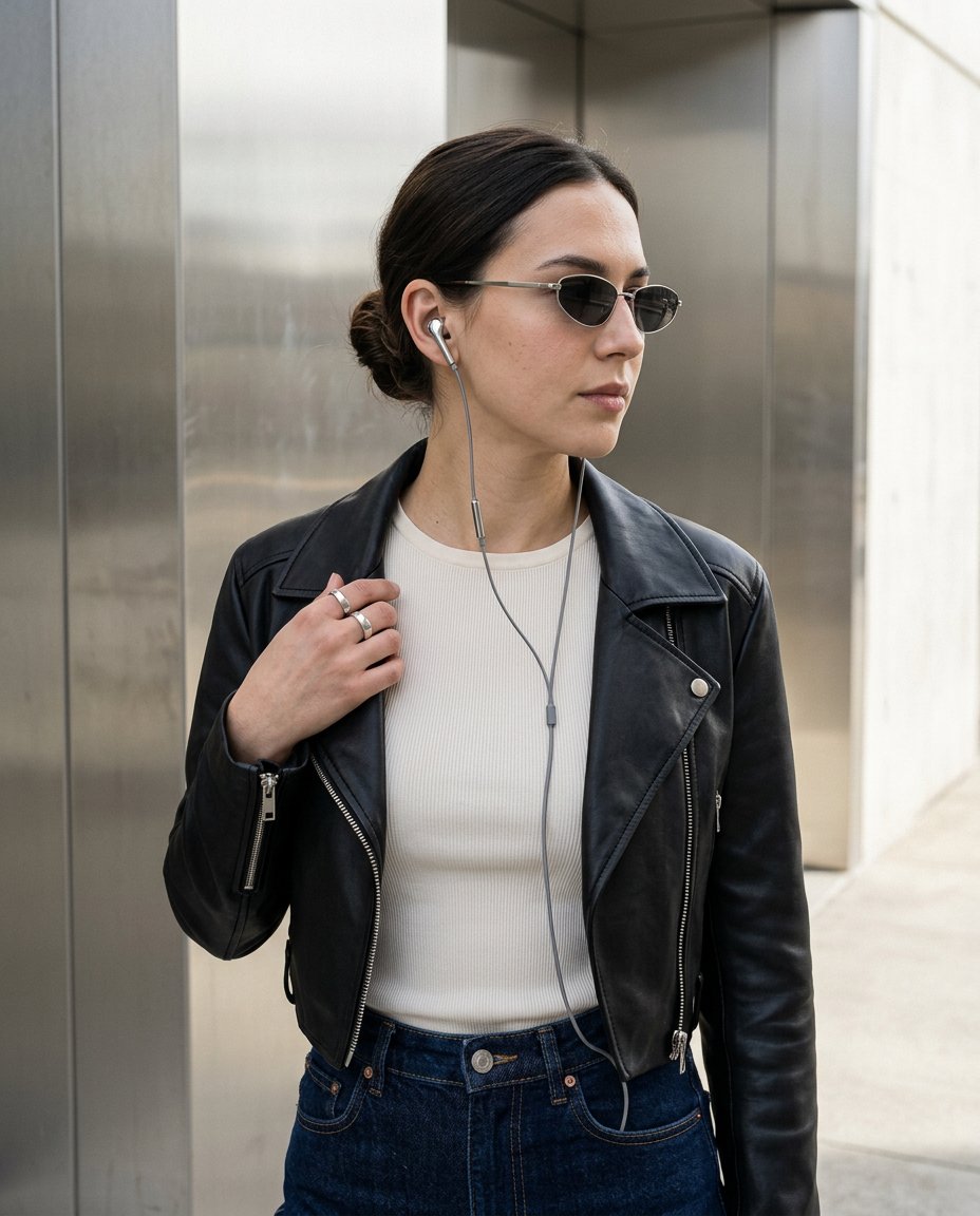 Customer wearing polished silver LUMEAR wired earbuds in a modern Y2K look