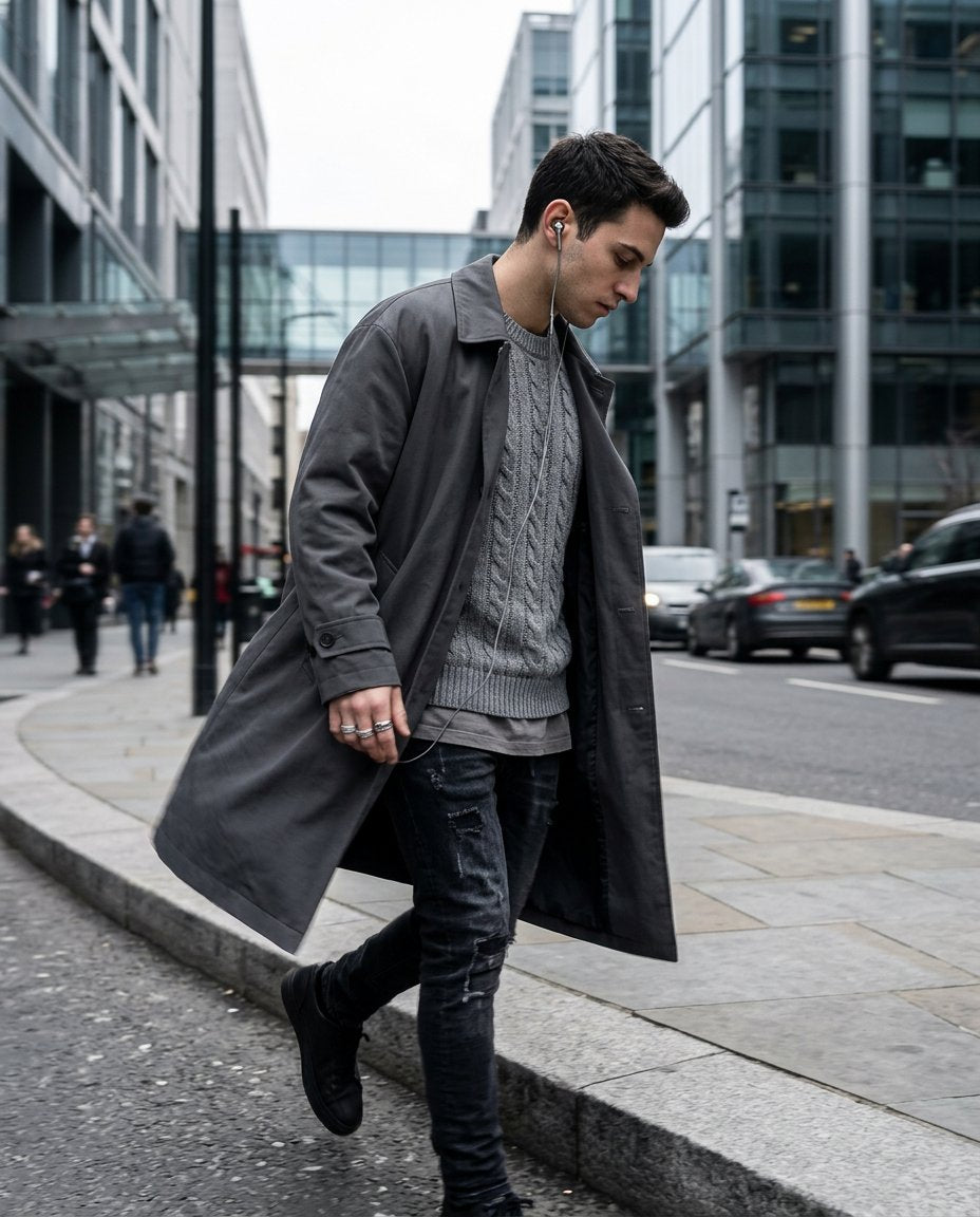 Person wearing silver wired earbuds in motion through the city