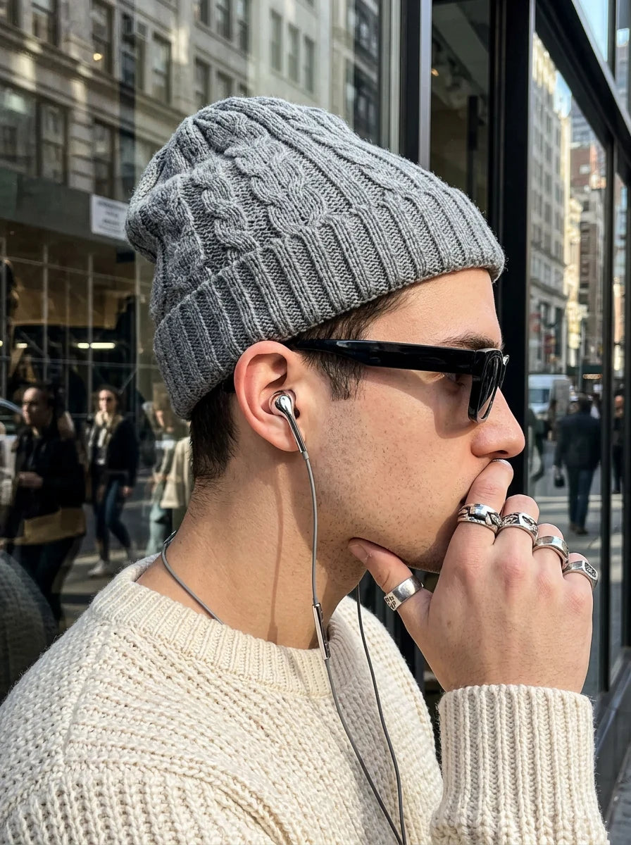 Person wearing polished silver LUMEAR wired earbuds on a city street