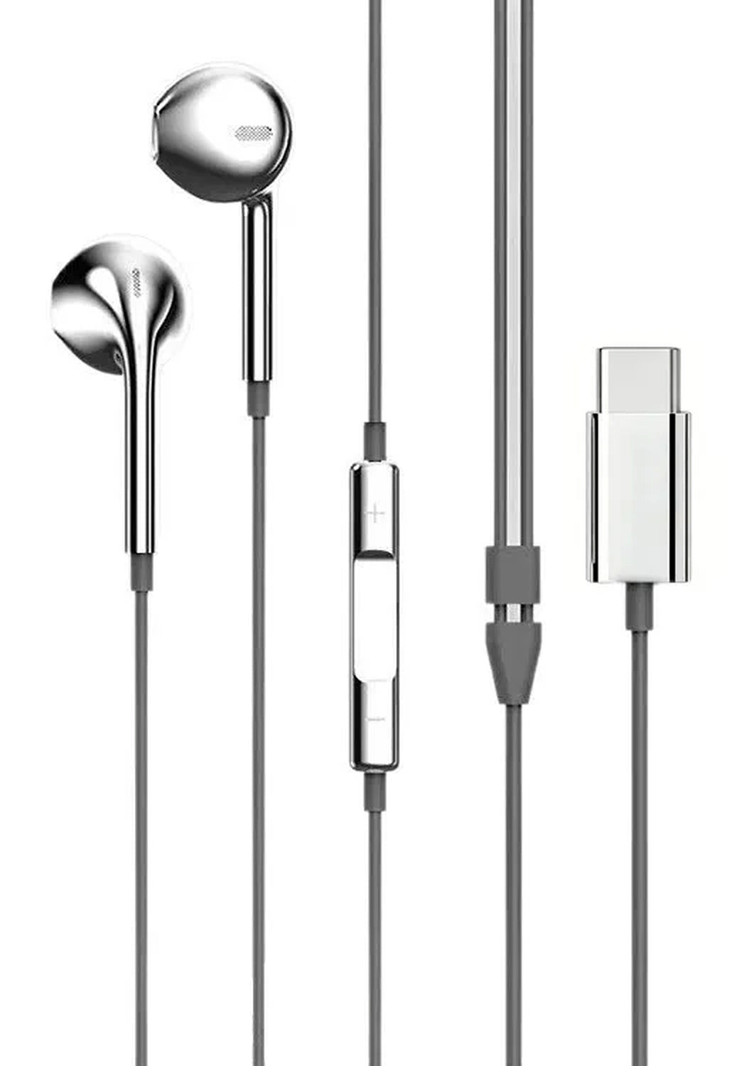 Full silver LUMEAR wired earbuds with inline control and USB-C connector