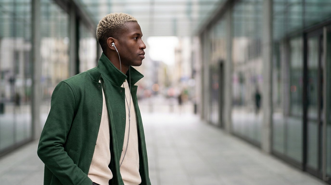Adult model wearing silver LUMEAR wired earbuds in a modern green city editorial